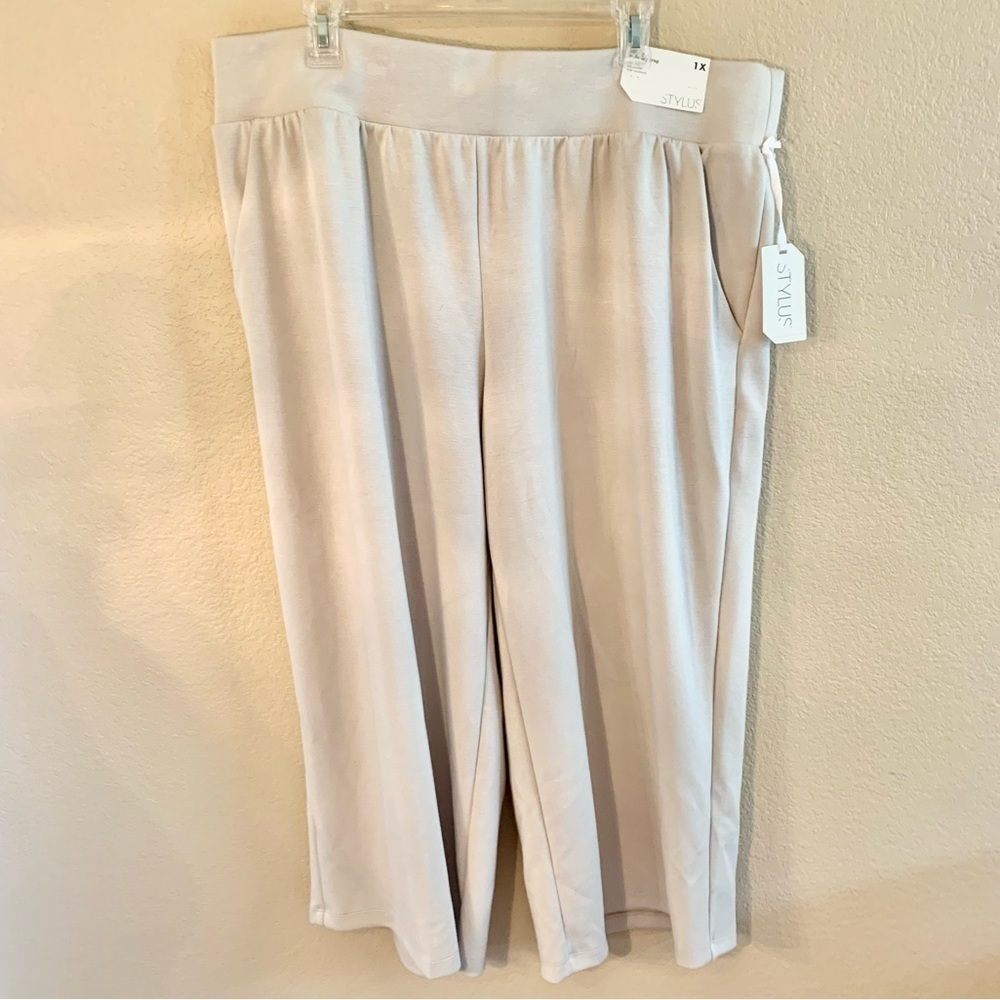 NWT Stylus Pants 1X Taupe High-Rise Wide Leg Crop Soft Elastic Wide Waistband